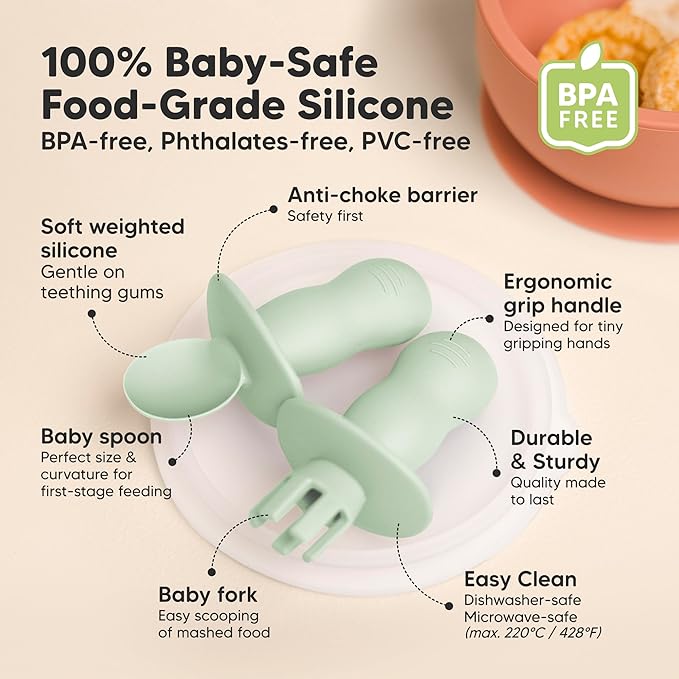 KeaBabies 4-Pack Silicone Baby Spoons and Forks Set - Baby Spoon Self Feeding, BLW Baby Utensils 6-12 Months, Baby Led Weaning Feeding Spoon,Teething Infant Baby First Food Training Pre Spoon (Mellow)