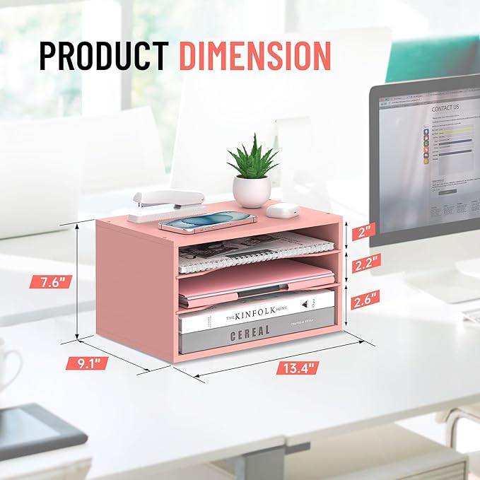 Wood Desk Organizer, 3 Tier Paper Tray Organizer for Desk with Adjustable Storage Shelves, Desktop File Organization Paper Sorter Mail Holder for Office Home Classroom, Pink