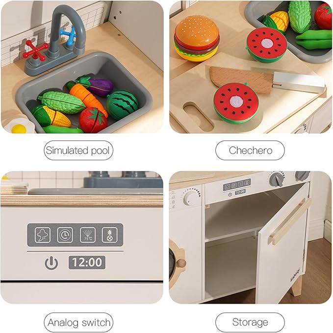 Kids Play Kitchen - Wooden Multi-Function Washing Machine for Kids Kitchen Playset - Pretend Toddlers' Kitchen Toy Washer with Accessories - Perfect Baby Gift for Ages 3-8