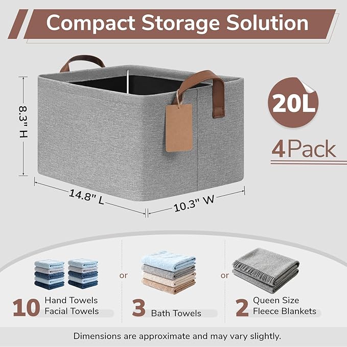 CHICVITA 4 Pack Storage Baskets for Shelves, Foldable Fabric Storage Bins with Metal Frame Handles, Closet Organizer Bins for Toys Blankets, 14.8" x 10.3" x 8.3", Gray