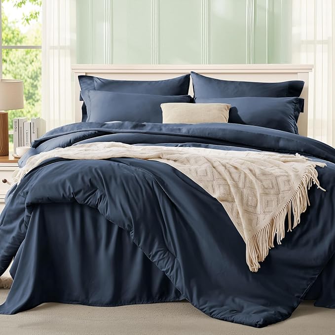 Anluoer Navy Blue Queen Comforter Set 7 Pieces, Bed in a Bag with Sheets, All Season Bedding Sets with 1 Comforter, 2 Pillow Shams, 2 Pillowcases, 1 Flat Sheet, 1 Fitted Sheet