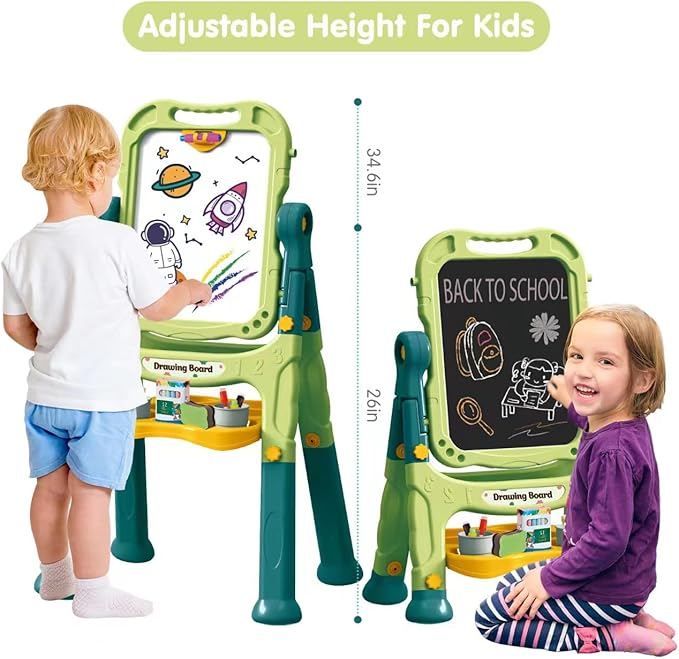 Amagoing Easel for Kids, Adjustable Standing Art Easel for Toddler, Double Magnetic Drawing Board with Painting Accessories, Birthday Christmas Gift for Little Boys and Girls, Middle Size (Green)