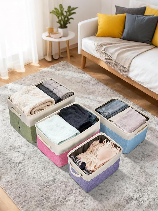 BALEINE 2 Pack Fabric Storage Bins for Shelves, Linen Storage Baskets for Organizing, Decorative Closet Bins for Clothes, Home (Navy Blue, 17''x13''x10.5'')