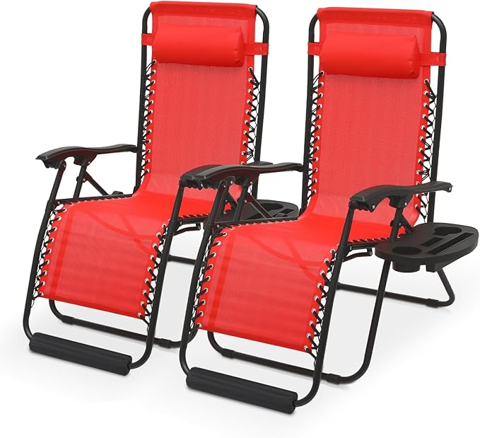 Athena Collection Zero Gravity Outdoor Lounge Chairs Set of 2, 29" Width Pool Lounge Lawn Chairs Reclining with Cup Holder Food Pad, Outdoor Chaise for Beach Patio Backyard Outside, Red