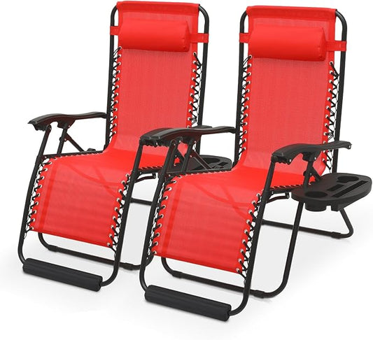 Athena Collection Zero Gravity Outdoor Lounge Chairs Set of 2, 29" Width Pool Lounge Lawn Chairs Reclining with Cup Holder Food Pad, Outdoor Chaise for Beach Patio Backyard Outside, Red