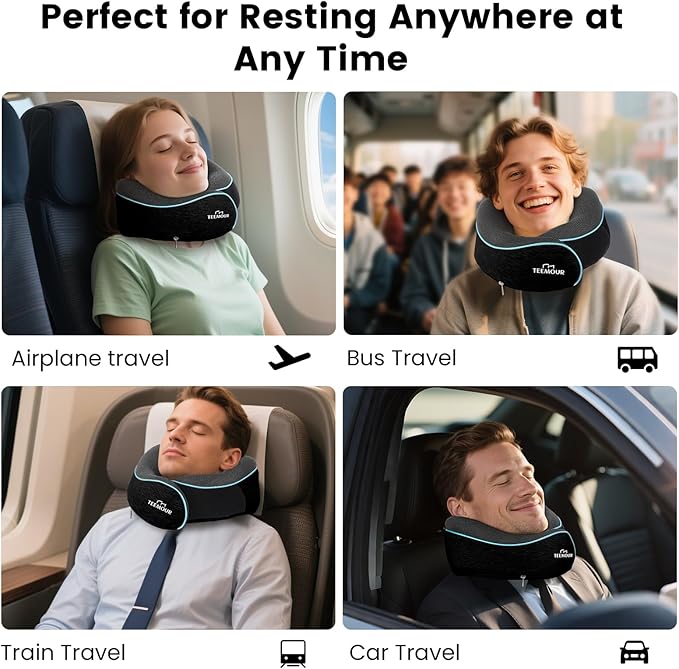 Upgraded Neck Pillow for Airplane Travel - 360° Support Stops Head Bobbing, Memory Foam Travel Pillow With Eye Mask & Earplugs, Portable Carry Bag for Long Flights/Car| Airplane Accessories Black