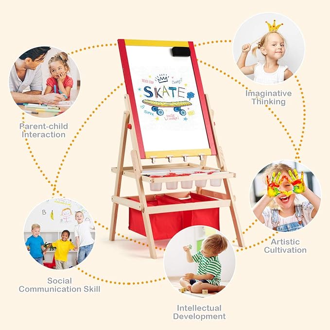 HONEY JOY Easel for Kids, Wooden Double-Sided Standing Toddler Easel w/Magnetic Chalkboard & White Board, Paper Roll, Painting Accessories, Magnetic Alphabet, Art Easel for Boys and Girls, Red