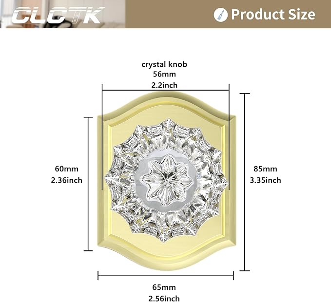 CLCTK 2 Pack Light Gold Crystal Glass Dummy Door Knobs, Non-Turning No Lock Single Side Dummy Door Knob for Interior Doors, Satin Brass