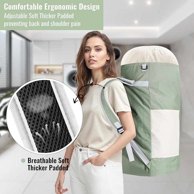 JOINPRO Laundry Bag Backpack, 125L Extra Large Travel with Shoulder Straps, Adjustable & Extendable Design, Laundry Hamper Bag with 3 Pockets for Laundromat, College, Travel, Camping (Green)