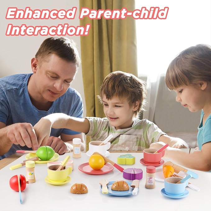 GAGAKU Wooden Play Dishes and Plates for Kids Kitchen Set 27 PCS Montessori Wooden Play Kitchen Accessories Kitchen Toy for Toddlers Wooden Play Cooking Set for 3-8 Years Girls and Boys