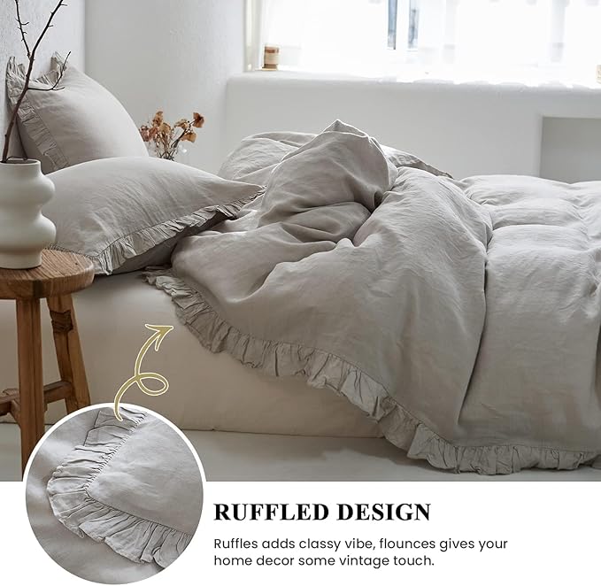 Simple&Opulence 100% Linen Duvet Cover Set, Natural French Flax Light Grey Ruffle Duvet Cover Twin Size, Breathable Comfy Linen Bedding Comforter Cover with 1 Pillowcase (Light Grey, 68" x 86")