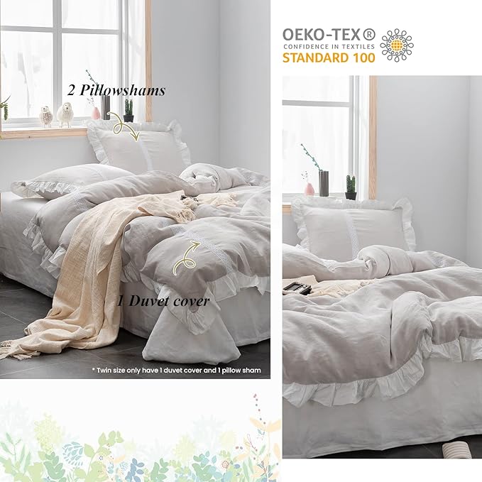 Simple&Opulence 100% Linen Duvet Cover Set (104"x92") Floral Flax King Size, Shabby Chic Ruffle Edge Lace Insert Decoration, 3 Pcs Farmhouse Bedding-1 Comforter Cover 2 Pillow Shams, Floral Grey