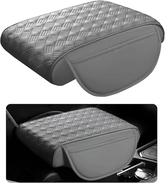 Hbxdeco Car Armrest Cushion, 12.2"×8.3" Leather Auto Memory Foam Center Console Pad with Storage Pocket, Waterproof & Anti-Scratch Elbow Pillow Armrest Seat Box Protector, Universal Fit (Gray)