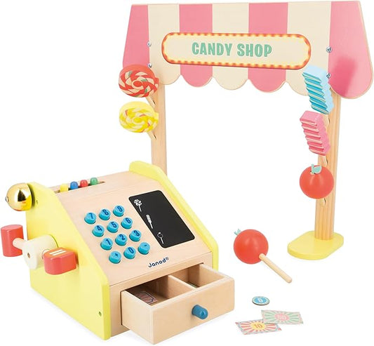 Janod - Applepop Children's Merchant - Imitation Game with Cash Register - 19 Accessories - Develops Imagination - FSC Wooden Toy - Water Painting - Suitable for Ages 3 and Above