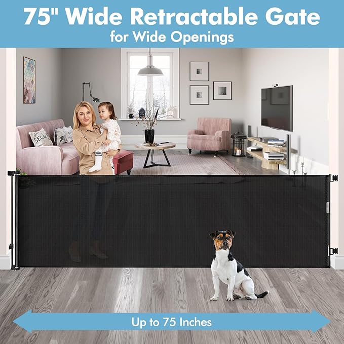 75 Inch Extra Wide Retractable Baby Gate for Wide Openings Child Gate Indoor Outdoor Retractable Gate Large Baby Gate Retractable Gates for Dogs Mesh Dog Gate for Stairs, Doorways, Porches, Black