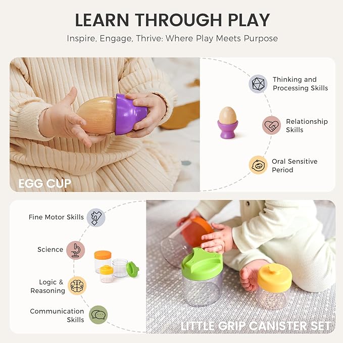 Tiny Land Montessori Toy Set for Babies 1 Year Old Thinker Play Kit- 5-in-1 Wooden Learning Toys with Peg Drop Box, Rocking Stacker, Egg Cup, Canister Set, and Crinkle Bag