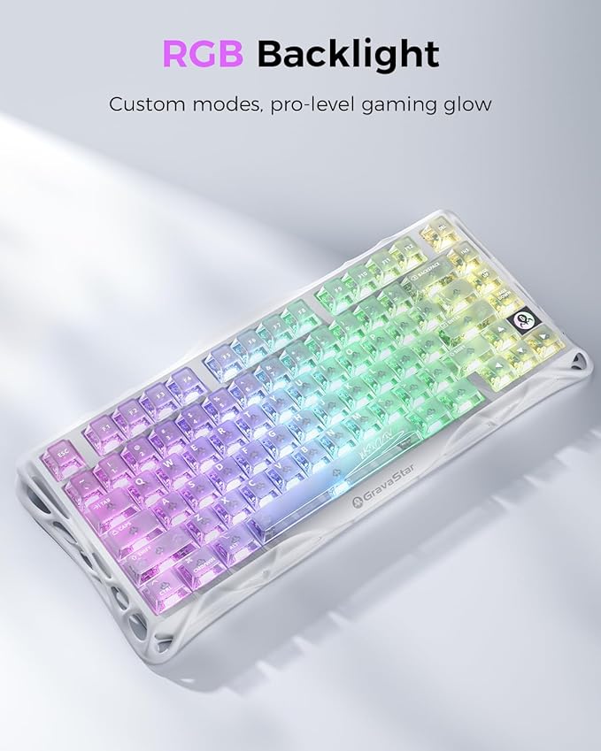 GravaStar Mercury K1 Lite 75% Gaming Keyboard, 2.4GHz/BT/Wired Tri-Mode Wireless Keyboard, Gasket Hot Swappable Mechanical Keyboard, Pre-lubed Linear Switches, RGB Backlit (Crystal Aurora)