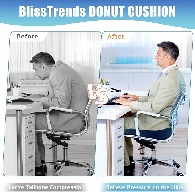 BlissTrends Donut Pillow Seat Cushion, Donut Chair Cushions for Postpartum Pregnancy & Hemorrhoids, Tailbone Pain Relief Cushion, Memory Foam Lifting Cushions for Office & home Chairs (Blue, XX-Large)