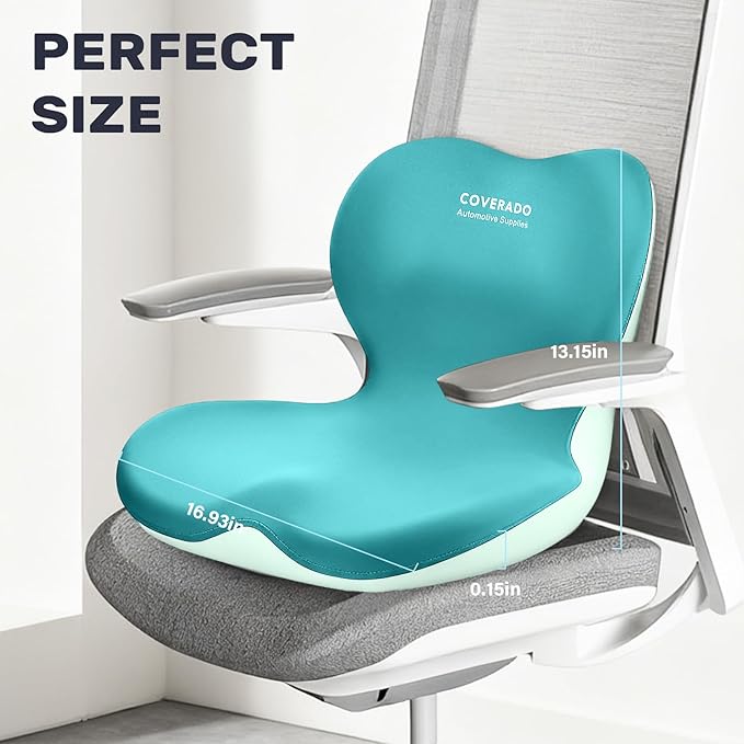 Coverado Car Seat Cushion and Lumbar Support Pillow One Piece, Memory Foam Ergonomic Back Support Driving Seat Cushion for Back Pain, Non-Slip Washable Cushion for Car, Driver, Office