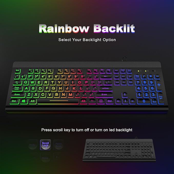 Large Print Backlit Keyboard, Multiple Color Rainbow LED Backlit Large Size USB Wired Computer Keyboard, Full Size Multimedia Keyboard for Windows Desktop, Laptop, PC