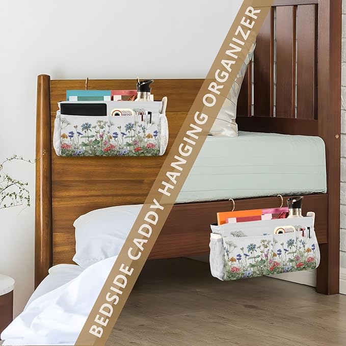 Wildflower Bloom Blue Bedside Caddy for Dorm Bed Bedside Hanging Caddy Bag Iron Frame Storage Organizer Pocket for Bunk Home College Hospital Beds 2 Hooks