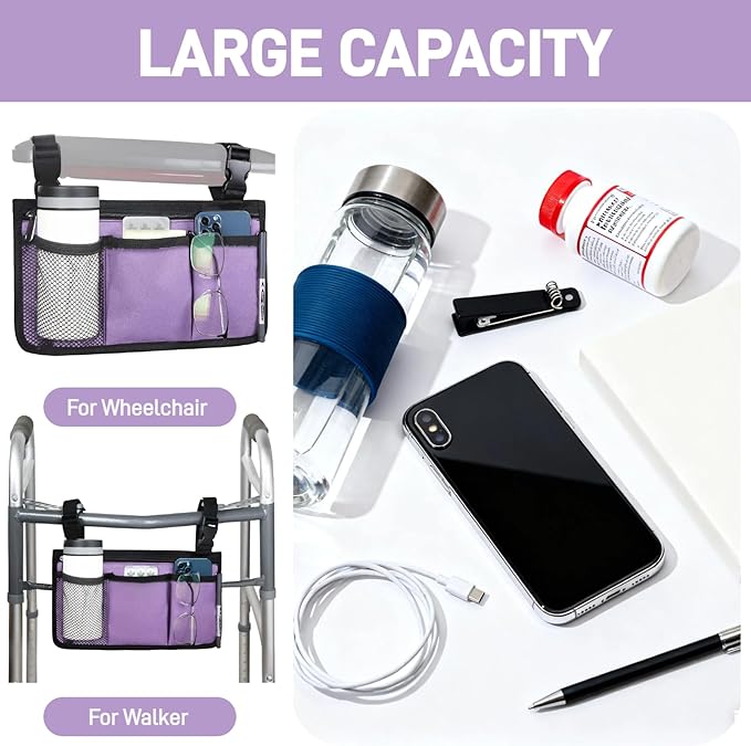 WEEOATAR Wheelchair Side Bags Storage Pouch with Cup Holder, Water-Resistant, Easy to Use with Release Buckle, Side Pocket with Reflective Stripe for Wheelchairs, Walkers or Rollator (Purple)