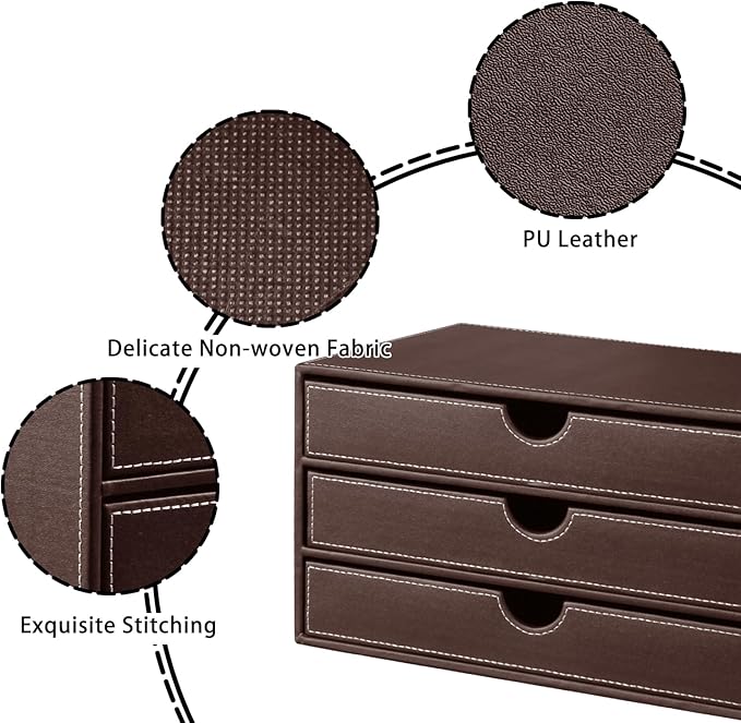 PU Leather Desktop Organizer with Drawers,3 Drawer Office Desk Organizer,Desktop Storage for Office Supplies/A4 Paper/Magazine/Book,for Office School Home.Brown