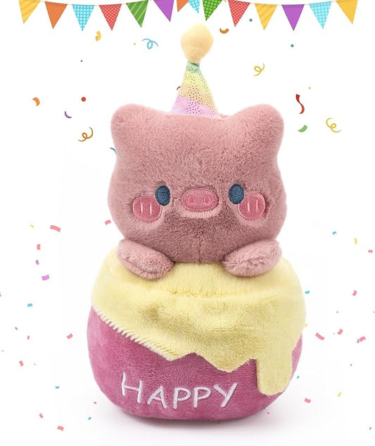 Birthday Stuffed Animal Pig Plush - Adorable Birthday Cake Stuffed Doll, Cute Happy Pig with Glowing Candle, Party Decorations, Kids' Gifts, 11 Inch