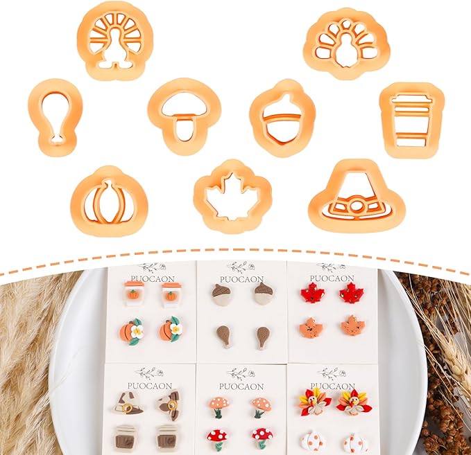 Puocaon Thanksgiving Polymer Clay Cutters - Fall Polymer Clay Cutters Earrings Studs Making, 9 Pcs Mini Clay Cutters Pumpkin Chicken Acorn Clay Cutters, Coffee Cup Clay Cutters Mushroom Maple Shape