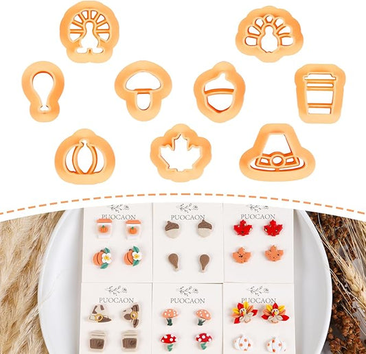 Puocaon Thanksgiving Polymer Clay Cutters - Fall Polymer Clay Cutters Earrings Studs Making, 9 Pcs Mini Clay Cutters Pumpkin Chicken Acorn Clay Cutters, Coffee Cup Clay Cutters Mushroom Maple Shape