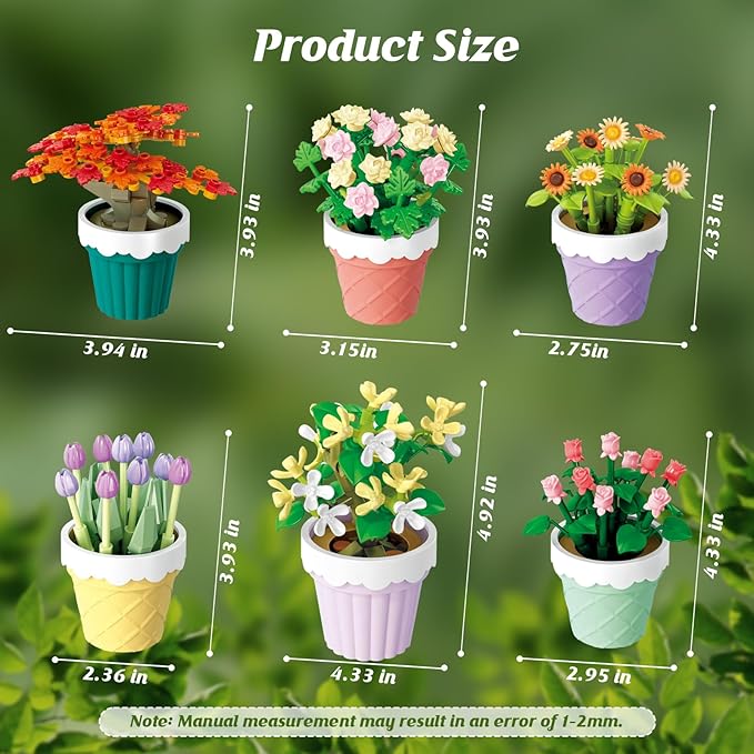 POKONBOY Flowers and Plants Bonsai Tree Building Sets, 6 Pack Botanical Collection Building Toys Creative Flowers Building Kits Home Decor Birthday Boys Girls 6+