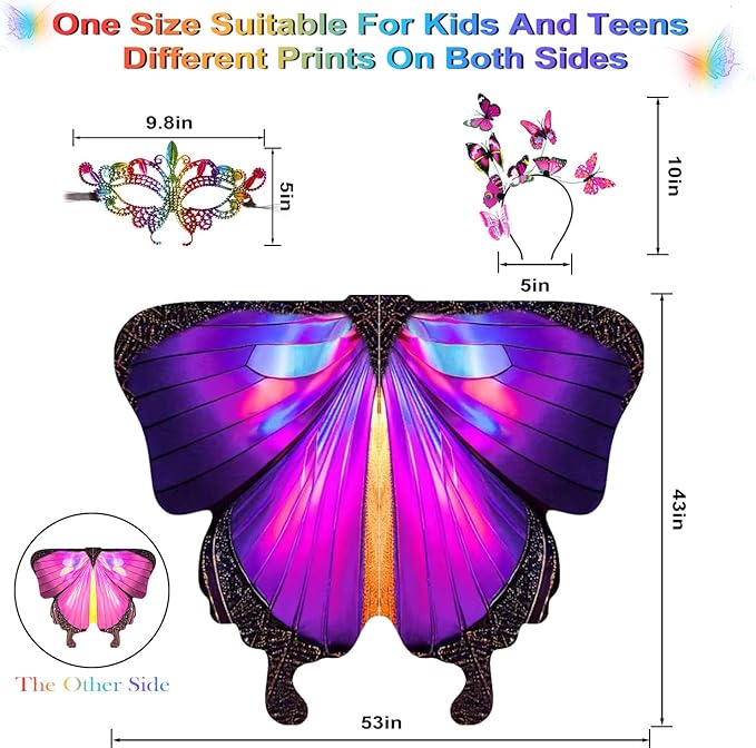 Butterfly Wings For Girls, Double-Sided Fairy Wings, Halloween Costumes for Kids, 3PCS Butterfly Cape Set.