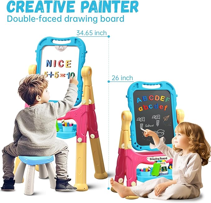Art Easel for Kids with Magnetic Drawing Board, Double Sided Easel with Magnetic Letters & Numbers Easel, Adjustable Standing Easel for Toddler, Creative Play for Kids