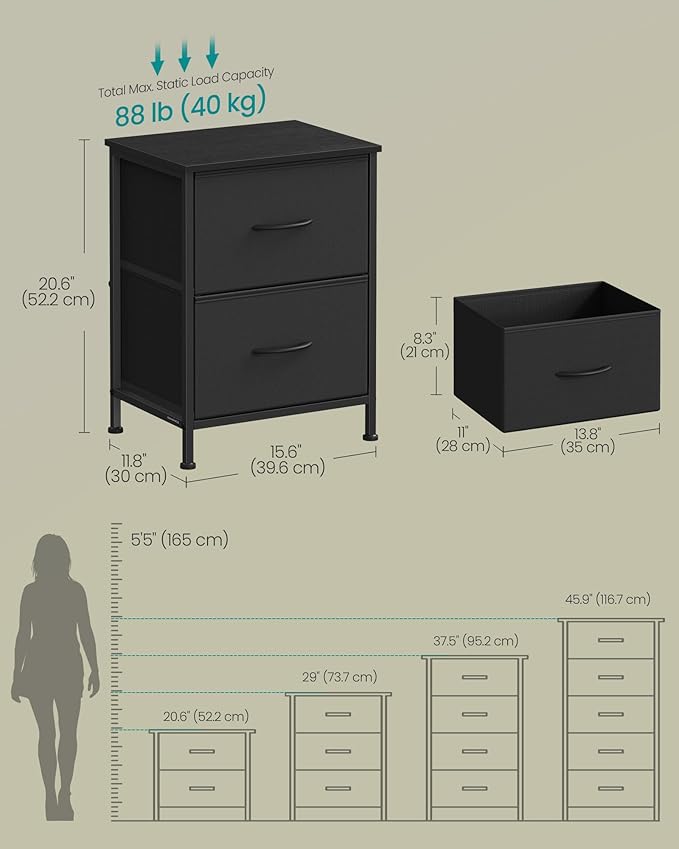 SONGMICS Dresser for Bedroom, Chest of Drawers, Nightstand, Steel, MDF, 2 Non-Woven Fabric Drawers, Storage Organizer Unit, Closet, Entryway, Ink Black and Ebony Black ULGS312B01S