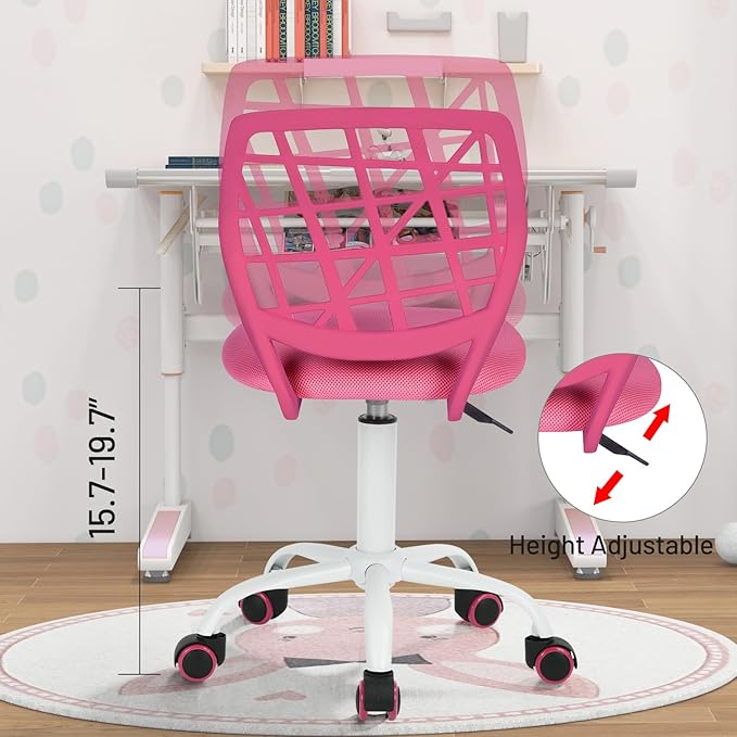 FurnitureR Kids Desk Chair, Armless Small Office Chair Adjsutable Swivel Task Chair with Soft Cushion for Study Kids Teens Child, Pink