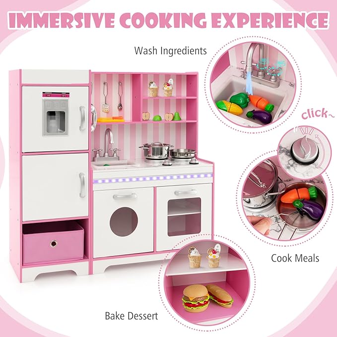 KOTEK Play Kitchen with Lights and Sounds, Wooden Toddler Kitchen Playset w/Ice Maker, Washing Machine, 16 Accessories & Stove, Chef Pretend Play Toy Kitchen Set for Kids Girls & Boys Ages 3+ (Pink)