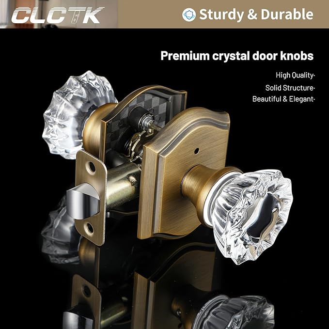 Glass Door Knobs Interior, Vintage Style Privacy Crystal Door Knobs with Lock, Antique Brass Door Knobs for Bedroom Bathroom, Push Pin Button Inside Lock, 1 Pack