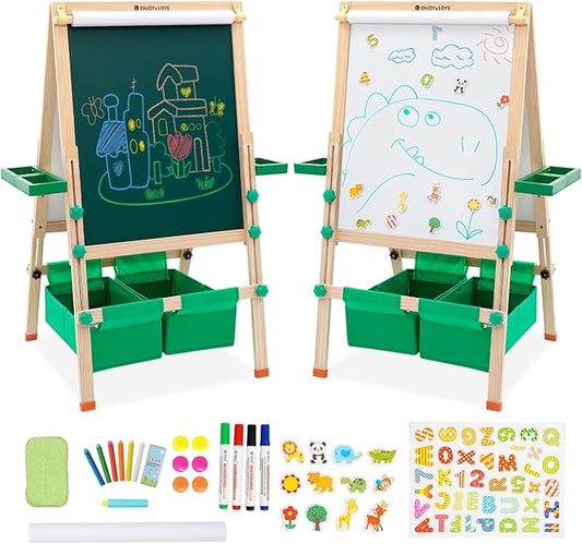 Extra Large Wooden Easel with Paper Roll, Art Easel for Kids White Board & Chalkboard 2 Sided, Height Adjustable, Foldable Drawing Board Includ Rich Painting Accessories, L: 25.5, W: 20.9, H: 43.3inch