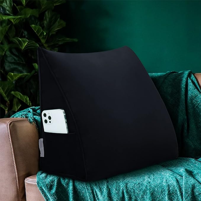 Bed Wedge Pillow for Headboard Small Bolster Pillow Reading Pillows for Sitting Up in Bed Adult, Triangular Backrest Cushion Book Pillows for Daybed Couch Support Upholstered Black