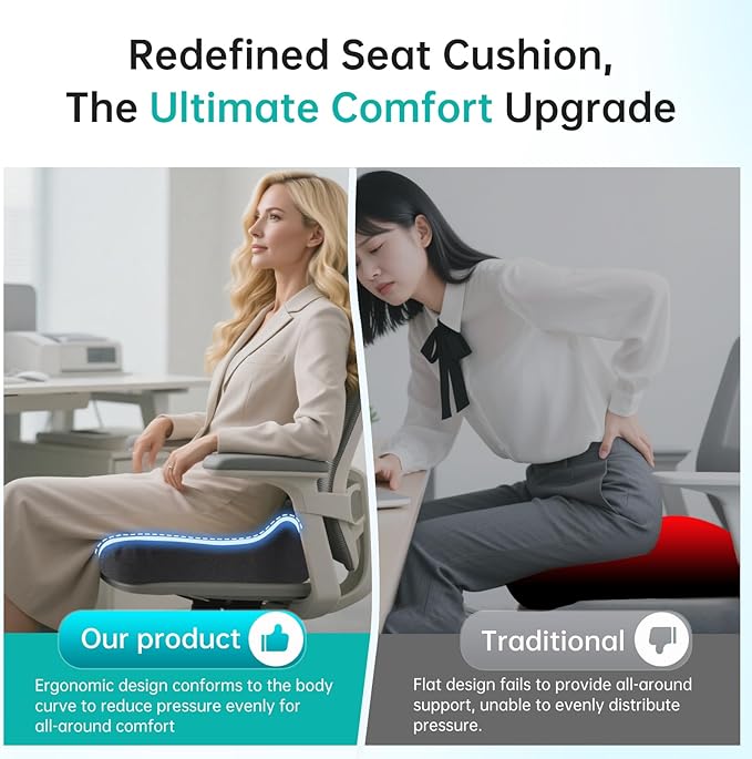 Seat Cushion, Extra Large Memory Foam Seat Cushion for Office Chair, Car Seat, Airplane, Relieving Hip Pressure, Coccyx and Sciatica Pain for Long Sitting (Black)