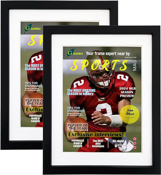 Goldfinch 2 Packs Sports Magazine Frames Displays Magazines Measuring 8.5 x 11.25 or 8.25 x 11 inches with Double White Core Matting, Deep Frame Moulding, with Installed Hanger
