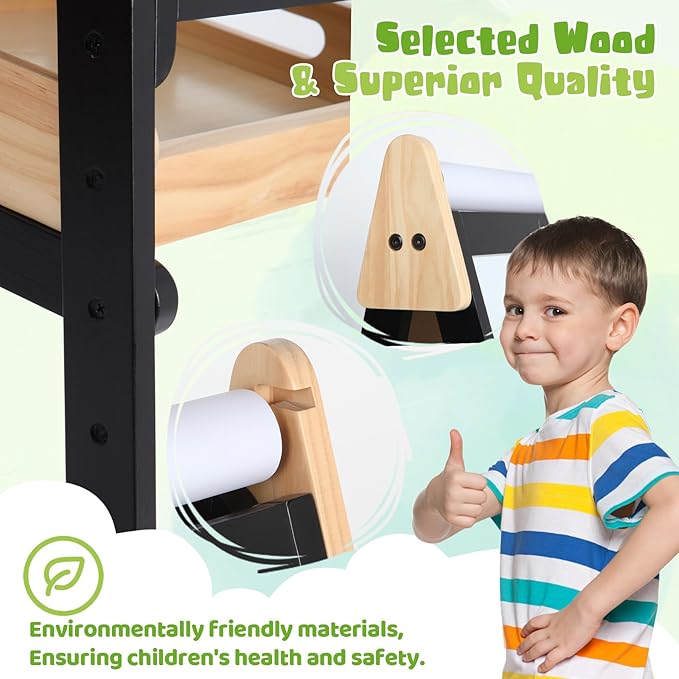 3 in 1 Easel for Kids with Wood Tray Double Sided Kids Easel with Paper Roll,Magnetic Chalkboard & White Board Height Adjustable Painting Standing Easel for Toddlers Childrens 2+ (Black)