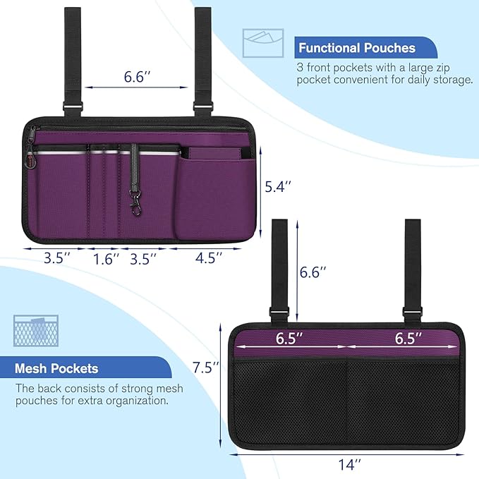 FINPAC Wheelchair Side Storage Bag w/Cup Holder, Wheelchair Armrest Accessories Pouch with Pen Slot and Reflective Strips for Power Walkers, Rollators, Seniors - Purple