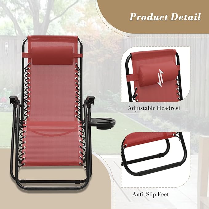 Athena Collection Zero Gravity Outdoor Lounge Chair Set of 2 with Side Table, 25" Width Pool Lounge Lawn Chairs Reclining with Cup Holder, Outdoor Chaise for Beach Patio Backyard Outside, Dark Red