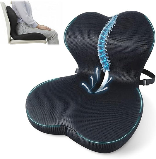 Memory Foam Seat Cushion,Office Chair Cushion with Lumbar Support for Back Pressure Relief,Sciatica,Car Seat Cushion with Adjustable Strap,Hip Pad Cushions for Car,Truck,Desk (D-Black+Mesh Cloth)