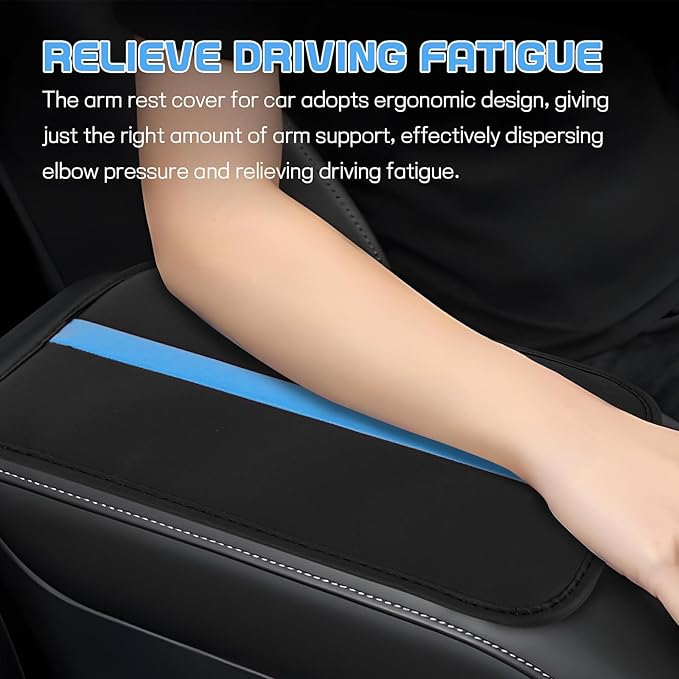 wuyaoyao Car Center Console Cover, 12.6"×7.87" PU Leather Armrest Cover for Cars, Stylish Auto Armrest Cushion Pad, Waterproof Vehicle Arm Rest Protector, Interior Car Accessories (Black+Blue)