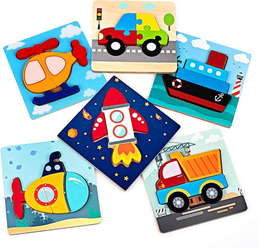 SYNARRY Wooden Vehicle Puzzles for 3 4 5 Years Old Boys Girls, Puzzles for Toddlers 2-4, Montessori Educational Toys Gifts with 6 Vehicles Transportation Puzzles, Vibrant Color Shapes