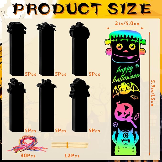 AUGSUN 96Pcs Halloween Scratch Bookmarks, Cute Pumpkin Bat Spider DIY Crafts Kit Rainbow Magic Scratch Paper Art School Classroom Activity Halloween Party Favors