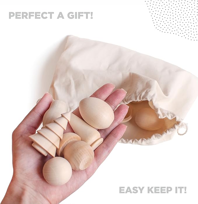 Ulanik Wonderful Bag Toddler Montessori Toys for 3 Year Old + Unfinished Wooden Figurines for Shape Sorting & DIY Painting Pyrography Decoupage Crafts — 20 pcs