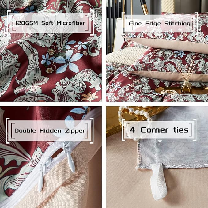 Red Floral Duvet Cover Set,5 PCS Colorful Blossom Print Comforter Covers Set,Queen Duvet Cover,Soft Bedding Set,Reversible Design(Summer,Queen)